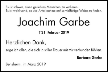 Traueranzeige von Joachim Garbe von Bergsträßer Anzeiger