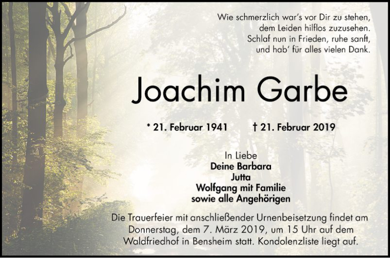  Traueranzeige für Joachim Garbe vom 02.03.2019 aus Bergsträßer Anzeiger