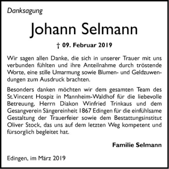 Traueranzeige von Johann Selmann von Mannheimer Morgen