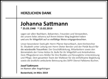 Traueranzeige von Johanna Sattmann von Fränkische Nachrichten