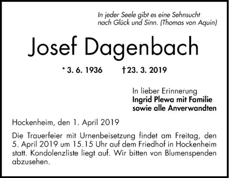  Traueranzeige für Josef Dagenbach vom 01.04.2019 aus Schwetzinger Zeitung