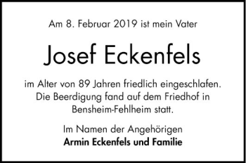 Traueranzeige von Josef Eckenfels von Bergsträßer Anzeiger