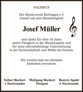 Traueranzeige von Josef Müller von Fränkische Nachrichten