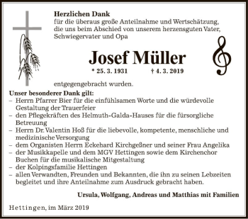 Traueranzeige von Josef Müller von Fränkische Nachrichten