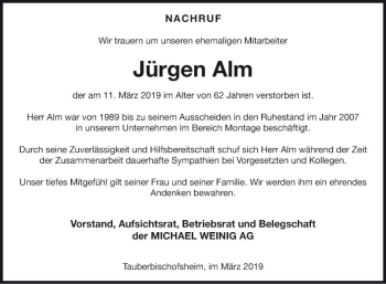 Traueranzeige von Jürgen Alm von Fränkische Nachrichten