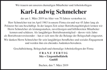 Traueranzeige von Karl-Ludwig Schmelcher von Fränkische Nachrichten