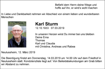 Traueranzeige von Karl Sturm von Schwetzinger Zeitung