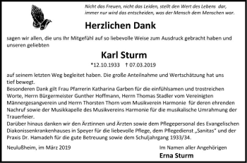 Traueranzeige von Karl Sturm von Schwetzinger Zeitung