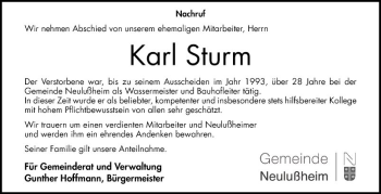 Traueranzeige von Karl Sturm von Schwetzinger Zeitung