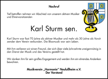 Traueranzeige von Karl Sturm von Schwetzinger Zeitung