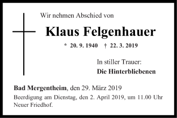 Traueranzeige von Klaus Felgenhauer von Fränkische Nachrichten