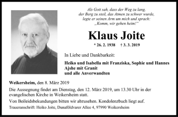 Traueranzeige von Klaus Joite von Fränkische Nachrichten