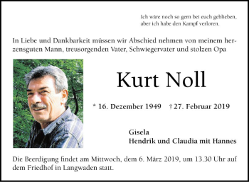 Traueranzeige von Kurt Noll von Bergsträßer Anzeiger