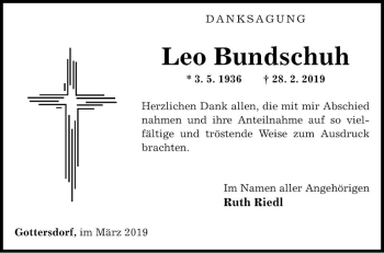 Traueranzeige von Leo Bundschuh von Fränkische Nachrichten