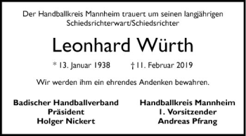 Traueranzeige von Leonhard Würth von Mannheimer Morgen