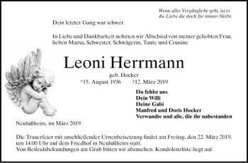 Traueranzeige von Leoni Herrmann von Schwetzinger Zeitung