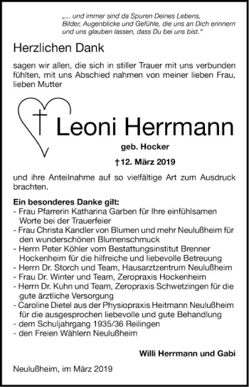 Traueranzeige von Leoni Herrmann von Schwetzinger Zeitung