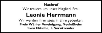 Traueranzeige von Leonie Herrmann von Schwetzinger Zeitung