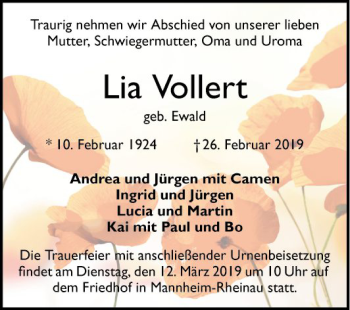 Traueranzeige von Lia Vollert von Mannheimer Morgen