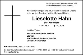 Traueranzeige von Lieselotte Hahn von Fränkische Nachrichten