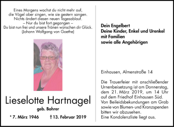 Traueranzeige von Lieselotte Hartnagel von Bergsträßer Anzeiger