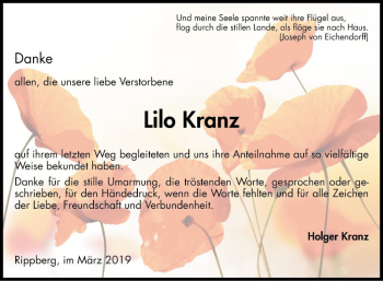 Traueranzeige von Lilo Kranz von Fränkische Nachrichten