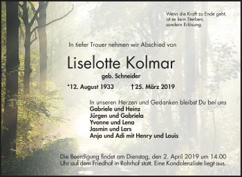 Traueranzeige von Liselotte Kolmar von Mannheimer Morgen