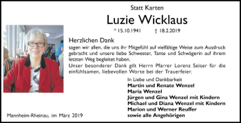 Traueranzeige von Luzie Wicklaus von Mannheimer Morgen