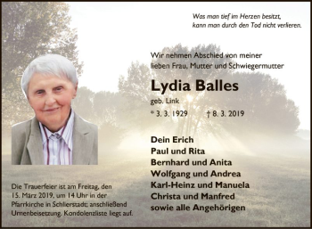 Traueranzeige von Lydia Balles von Fränkische Nachrichten