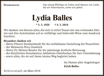 Traueranzeige von Lydia Balles von Fränkische Nachrichten