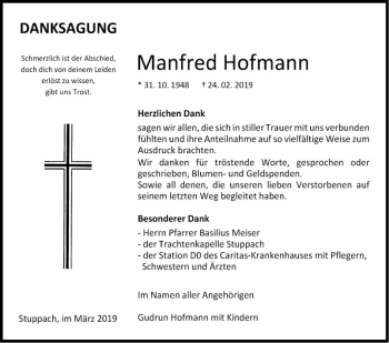 Traueranzeige von Manfred Hofmann von Fränkische Nachrichten