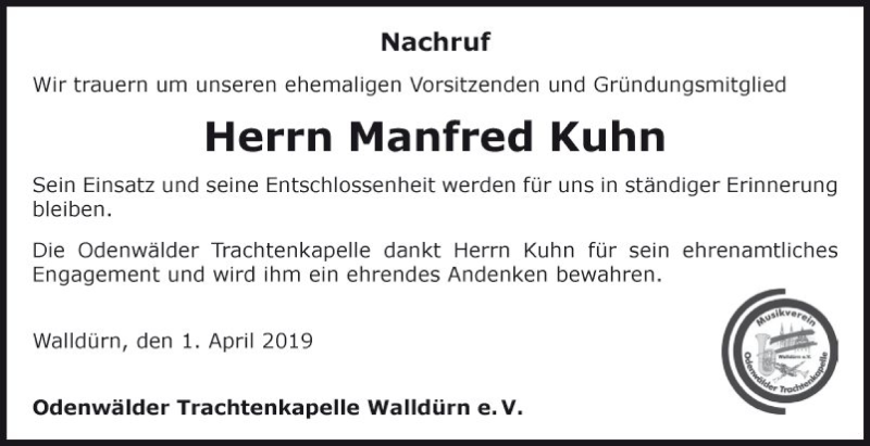  Traueranzeige für Manfred Kuhn vom 30.03.2019 aus Fränkische Nachrichten