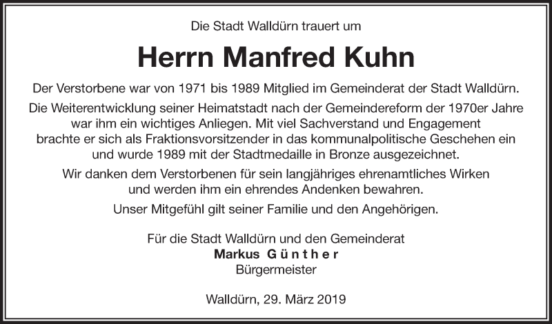  Traueranzeige für Manfred Kuhn vom 29.03.2019 aus Fränkische Nachrichten