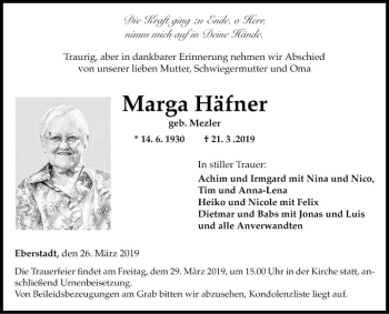 Traueranzeige von Marga Häfner von Fränkische Nachrichten