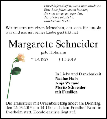 Traueranzeige von Margarete Schneider von Mannheimer Morgen