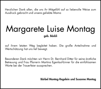 Traueranzeige von Margarete Luise Montag von Schwetzinger Zeitung