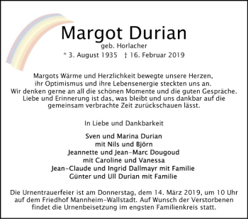 Traueranzeige von Margot Durian von Mannheimer Morgen