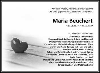 Traueranzeige von Maria Beuchert von Fränkische Nachrichten