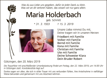 Traueranzeige von Maria Holderbach von Fränkische Nachrichten