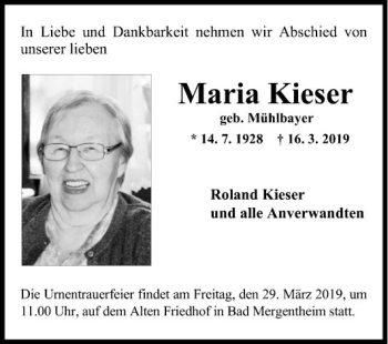 Traueranzeige von Maria Kieser von Fränkische Nachrichten