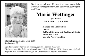 Traueranzeige von Maria Wettfinger von Fränkische Nachrichten