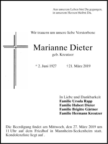 Traueranzeige von Marianne Dieter von Mannheimer Morgen