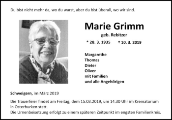 Traueranzeige von Marie Grimm von Fränkische Nachrichten