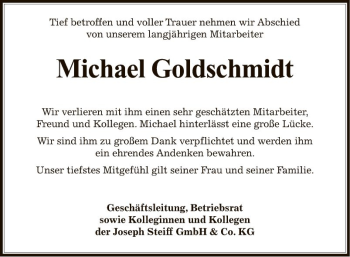 Traueranzeige von Michael Goldschmidt von Fränkische Nachrichten