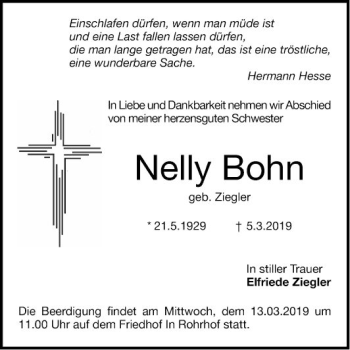 Traueranzeige von Nelly Bohn von Schwetzinger Zeitung