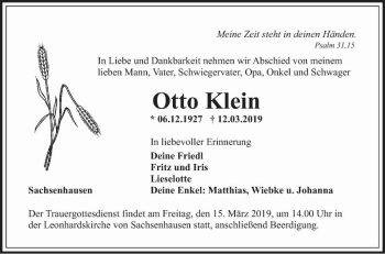 Traueranzeige von Otto Klein von Fränkische Nachrichten