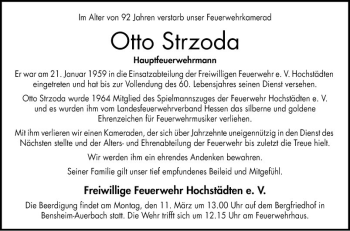 Traueranzeige von Otto Strzoda von Bergsträßer Anzeiger