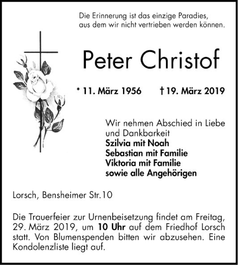  Traueranzeige für Peter Christof vom 25.03.2019 aus Bergsträßer Anzeiger