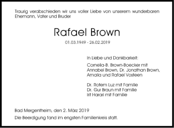 Traueranzeige von Rafael Brown von Fränkische Nachrichten