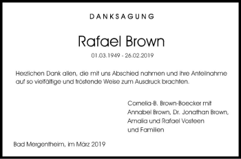 Traueranzeige von Rafael Brown von Fränkische Nachrichten